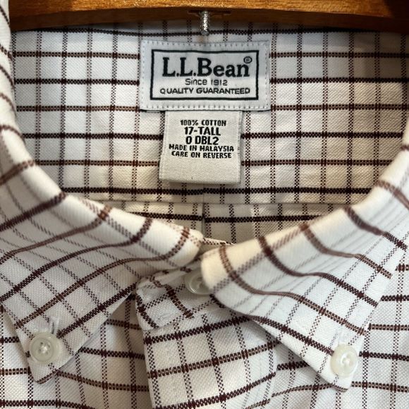 LL Bean Mens Short Sleeve 17 Tall 0 DBL2 Wrinkle Resistant Brown‎ Plaid - Picture 10 of 10